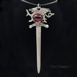 Welsh Dragon Sword Pendant with Red Glass Gem Stone